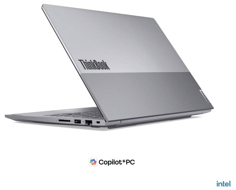 Silberner Lenovo ThinkBook-Laptop, geöffnet auf weißem Hintergrund mit Copilot+ PC und Intel Logos darunter.