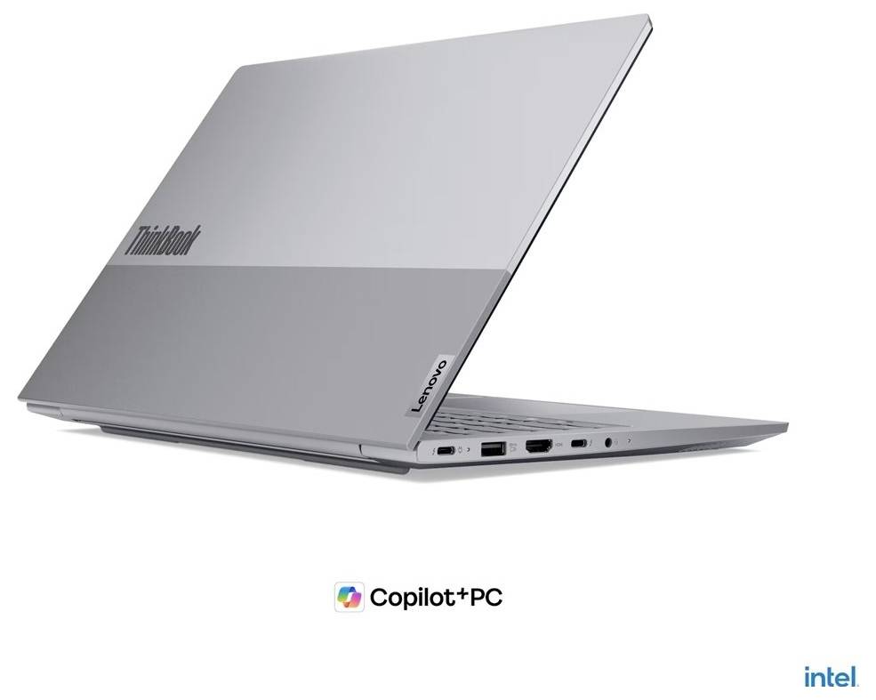 Silberner Lenovo ThinkPad Laptop shown in open profile with Copilot+PC and Intel branding below.