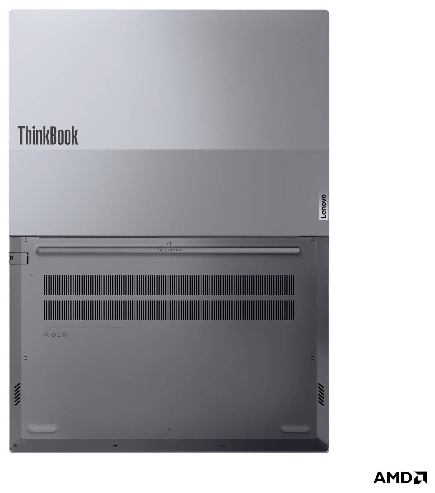 Unteransicht eines Lenovo ThinkBook Laptops mit Lüftungsöffnungen, Füßen und ThinkBook- sowie AMD-Branding.