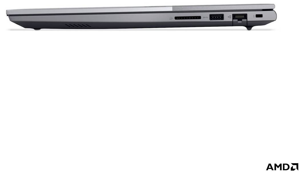Seitenansicht eines schlanken schwarzen Laptops auf weißem Hintergrund, der seine Anschlüsse und das Scharnier zeigt; AMD-Logo unten rechts.