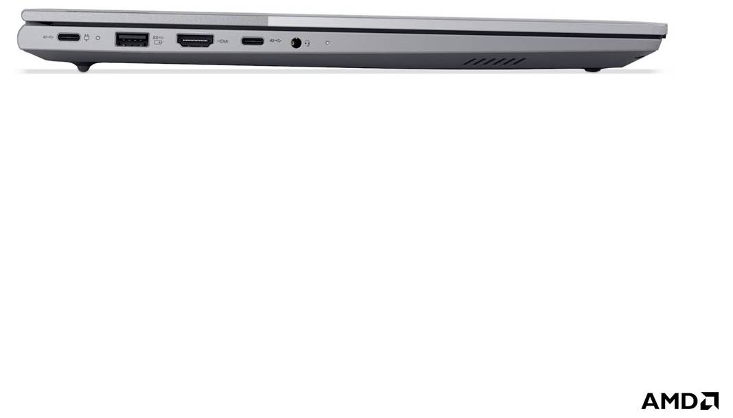Seitenansicht eines schlanken Laptops mit Anschlüssen an der linken Kante und dem AMD-Logo unten rechts.