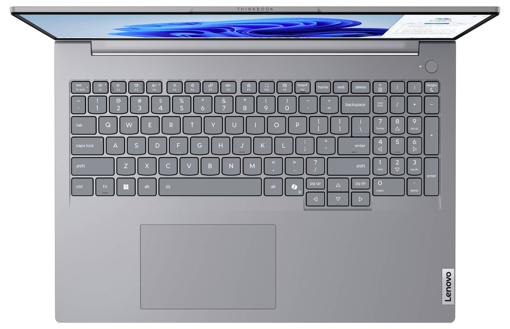 Draufsicht auf einen grauen Lenovo-Laptop mit geöffnetem Bildschirm, der die Tastatur, das Touchpad und den Netzschalter zeigt.