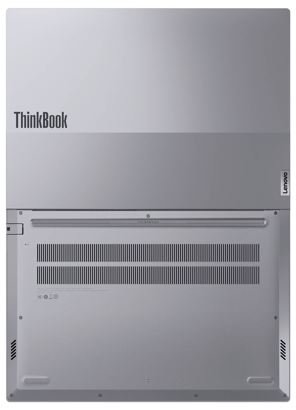 Unteransicht eines Lenovo ThinkBook-Laptops, die die Unterseite mit Lüftungsschlitzen, Schrauben und Branding zeigt.