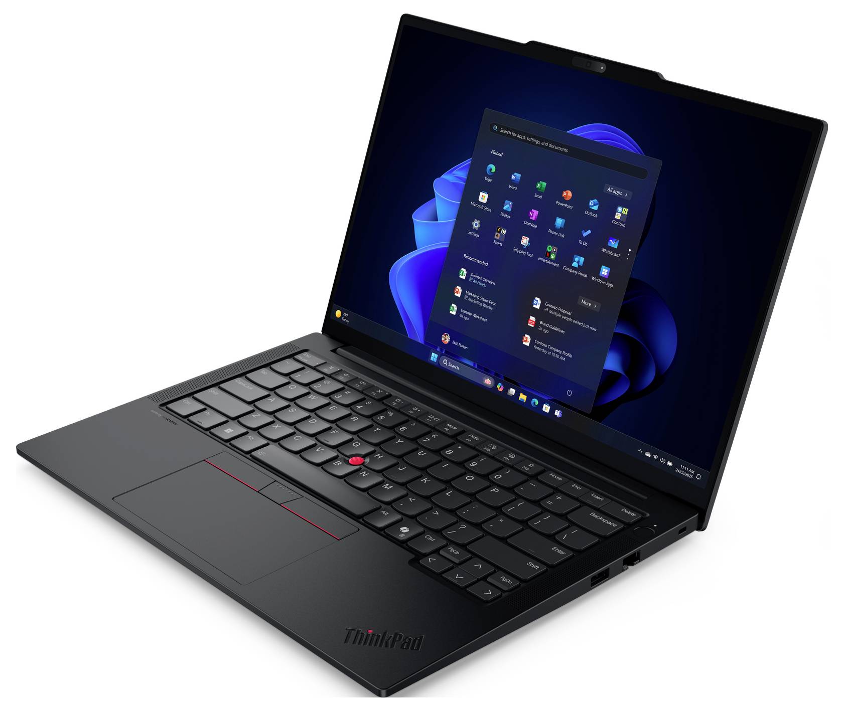 Schwarzer Lenovo ThinkPad-Laptop, der in einem Winkel geöffnet angezeigt wird, mit Windows 11-Desktop und Startmenü auf dem Bildschirm.