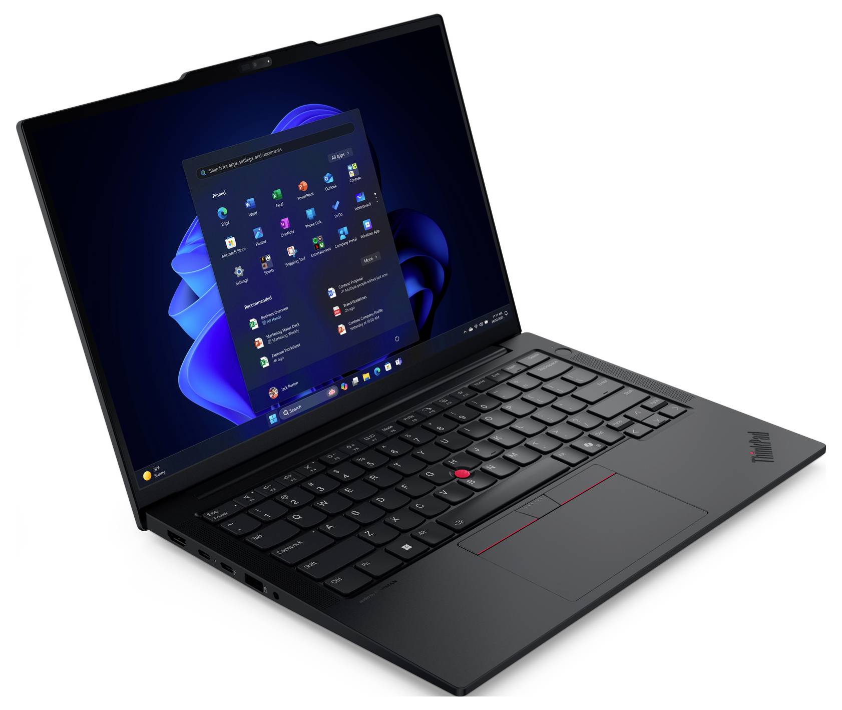 Schwarzer Lenovo ThinkPad-Laptop in einem Winkel geöffnet, zeigt den Windows 11-Desktop und das Startmenü auf dem Bildschirm.