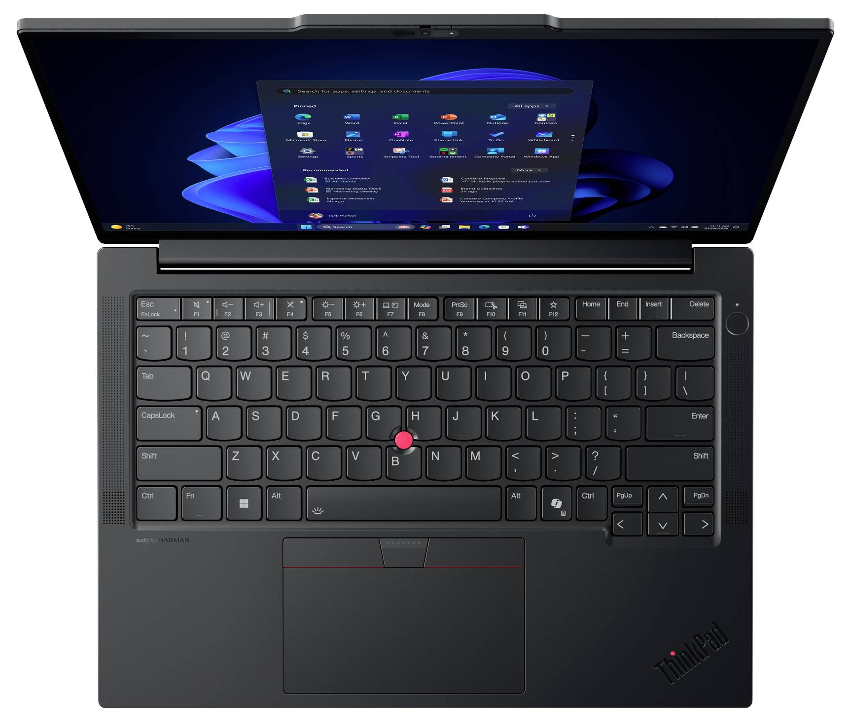 Draufsicht auf einen geöffneten Lenovo ThinkPad-Laptop mit Windows auf dem Bildschirm, der die Tastatur, den TrackPoint, das Touchpad und den Netzschalter zeigt.