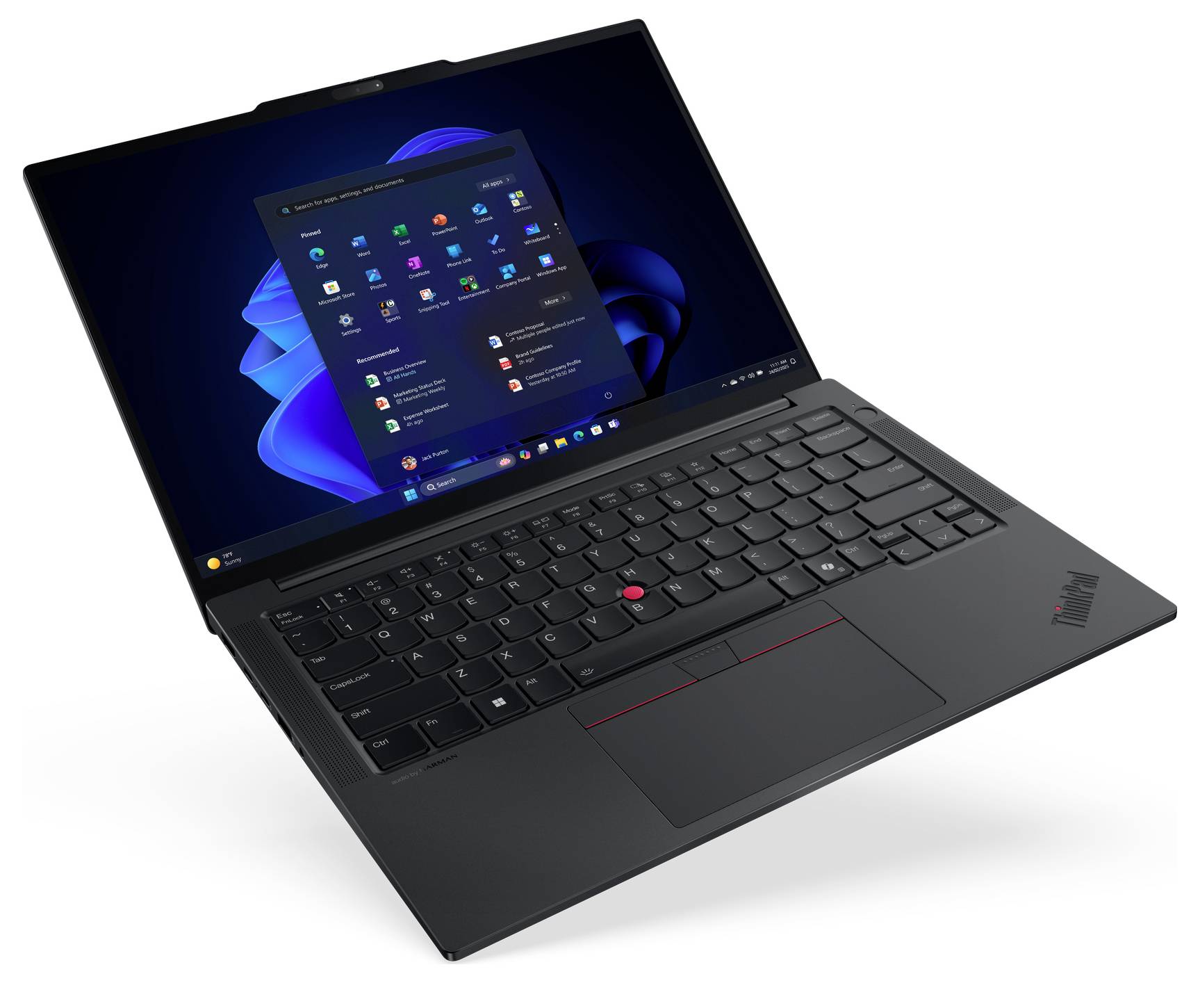 Schwarzer Lenovo ThinkPad Laptop, der auf weißem Hintergrund geöffnet angezeigt wird, mit sichtbarem Windows 11 Startmenü auf dem Bildschirm.