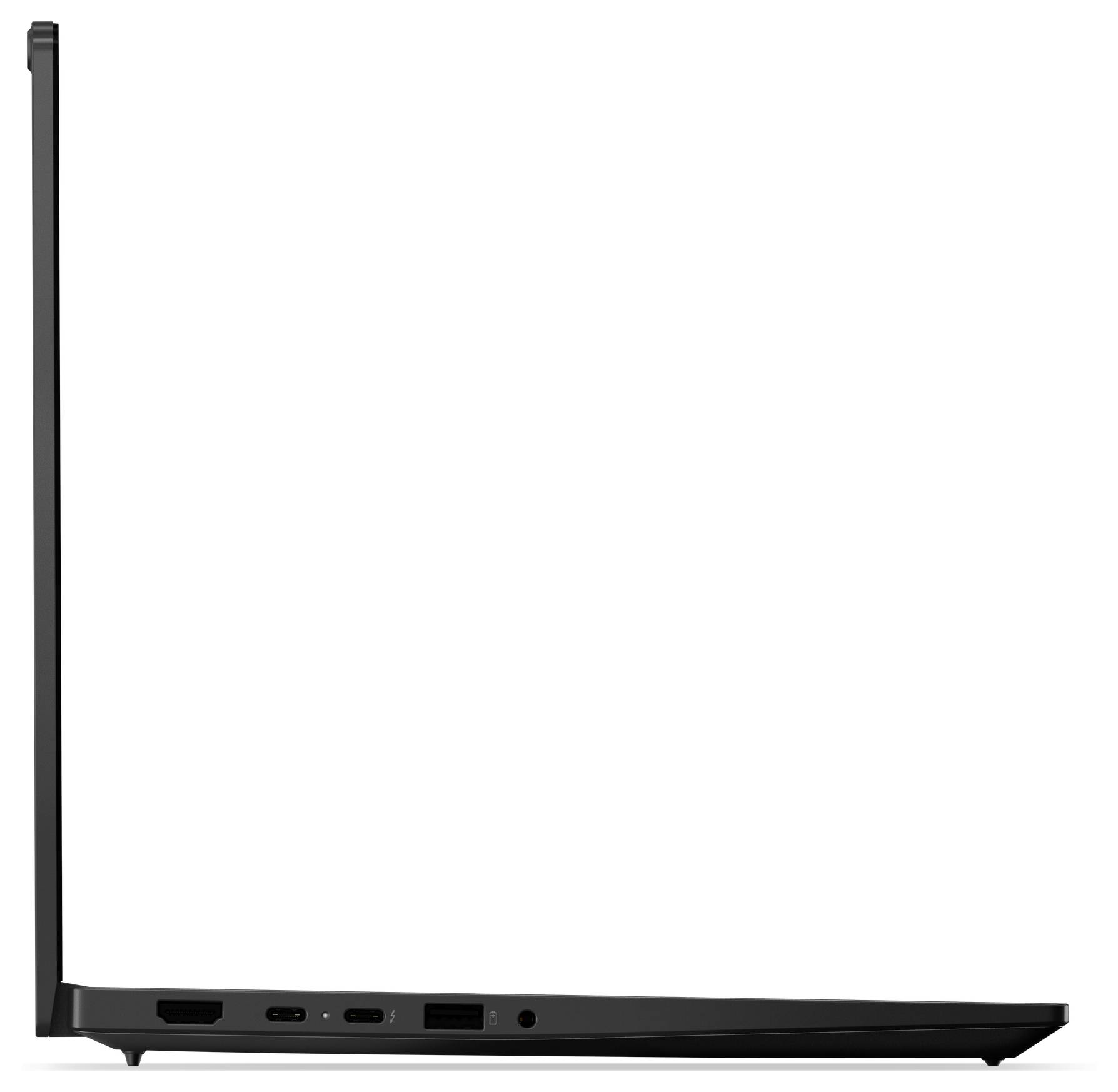 Dünner schwarzer Laptop in Seitenansicht, flach geöffnet mit aufrechtem Deckel; sichtbare Anschlüsse entlang der linken Kante und minimalistisches Design auf weißem Hintergrund.