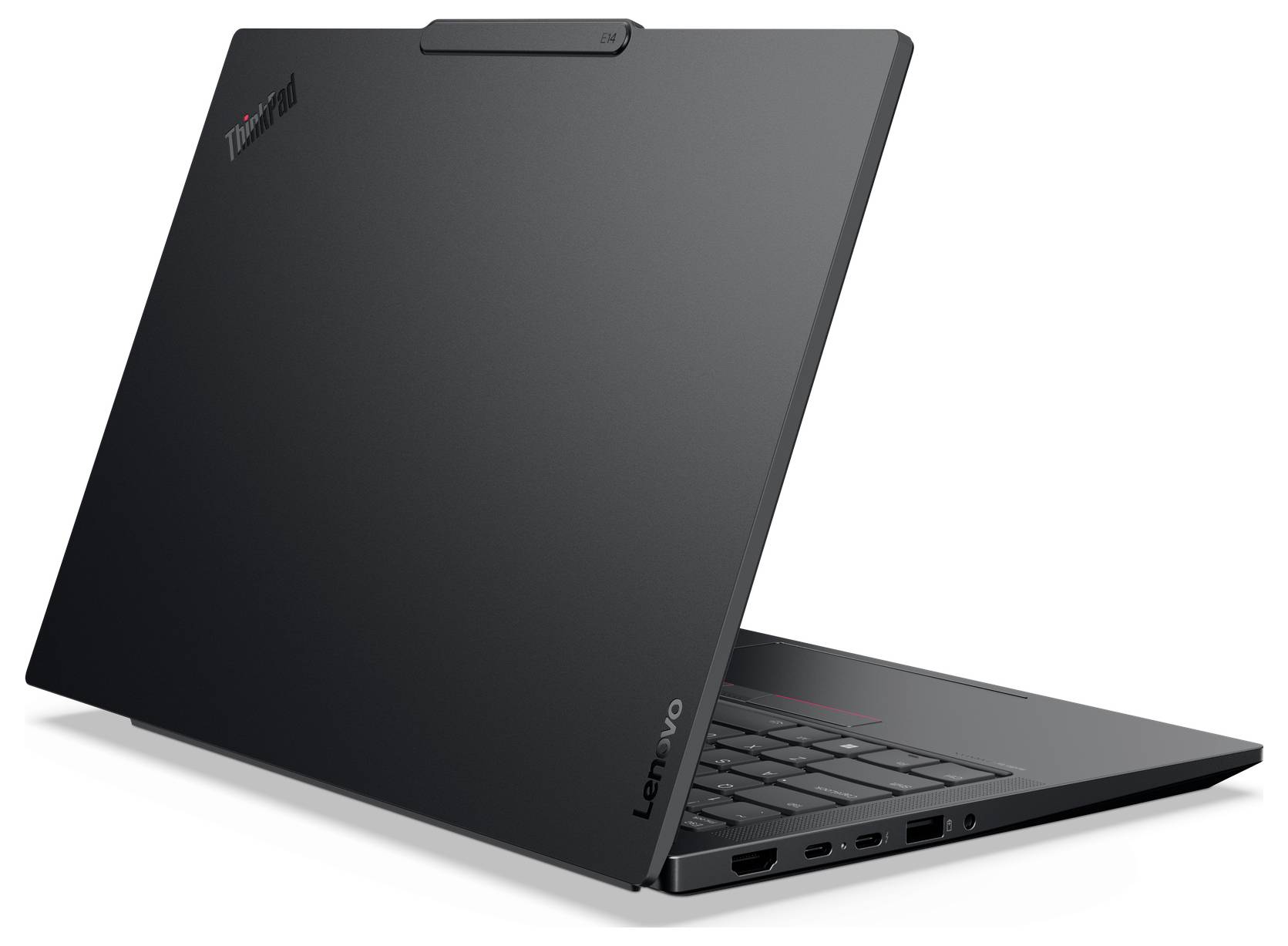 Geschlossener schwarzer Lenovo ThinkPad-Laptop in Profilansicht, mit sichtbarer Tastatur und Seitenports.