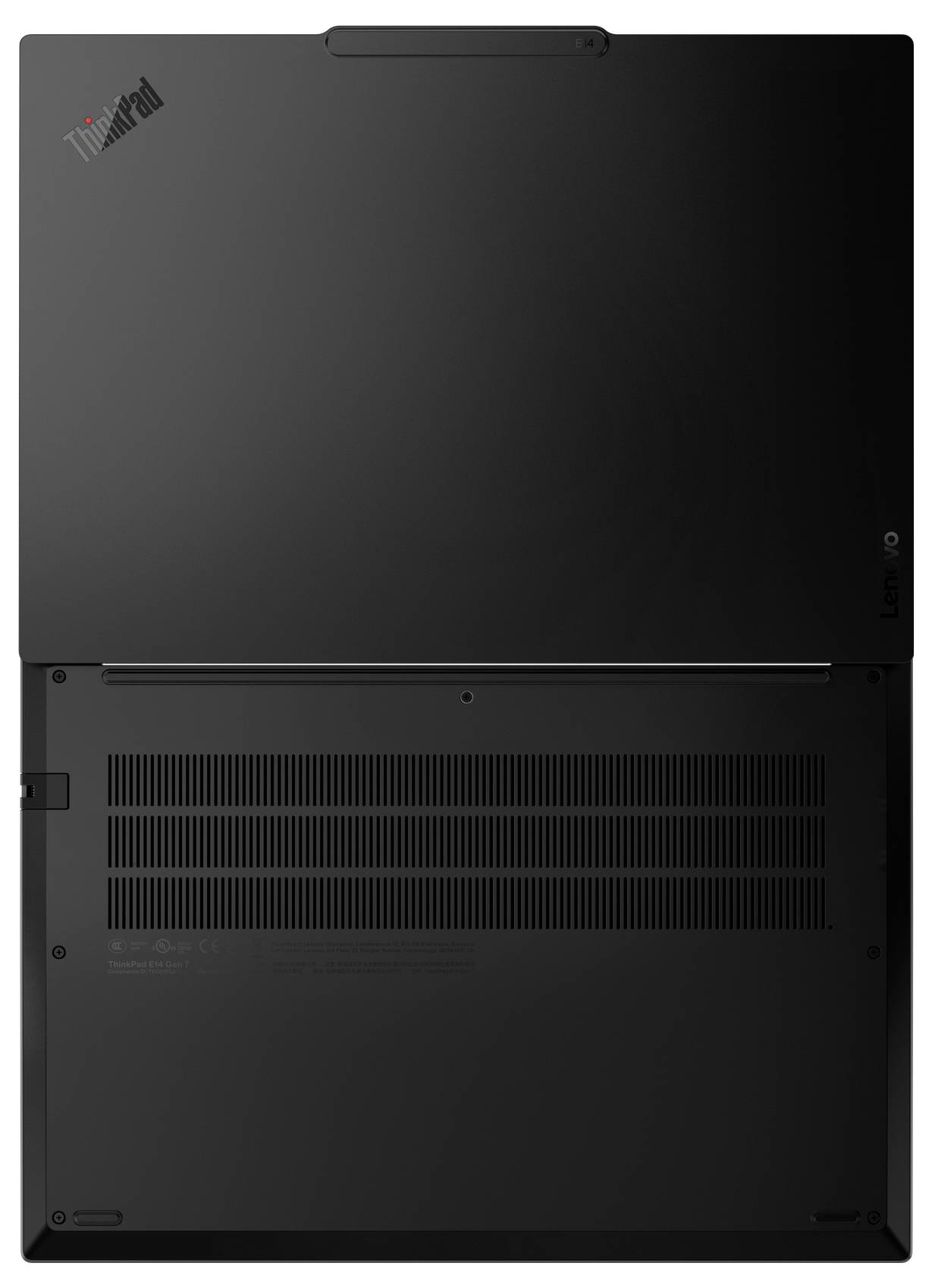 Bodenansicht eines schwarzen Lenovo ThinkPad Laptops, mit Belüftungsgittern, Schrauben und einem kleinen ThinkPad Logo in der Nähe einer Ecke.