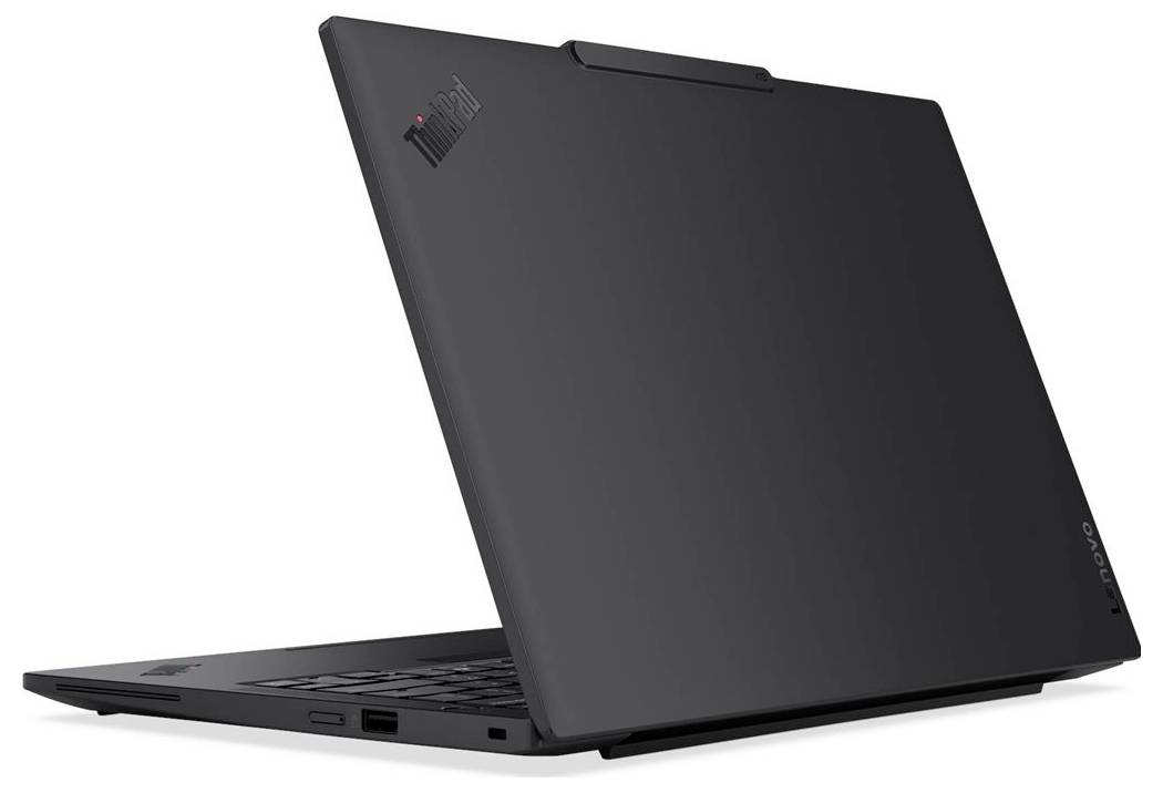 Schwarzer Lenovo ThinkPad-Laptop, geschlossen in einem Winkel auf weißem Hintergrund dargestellt.