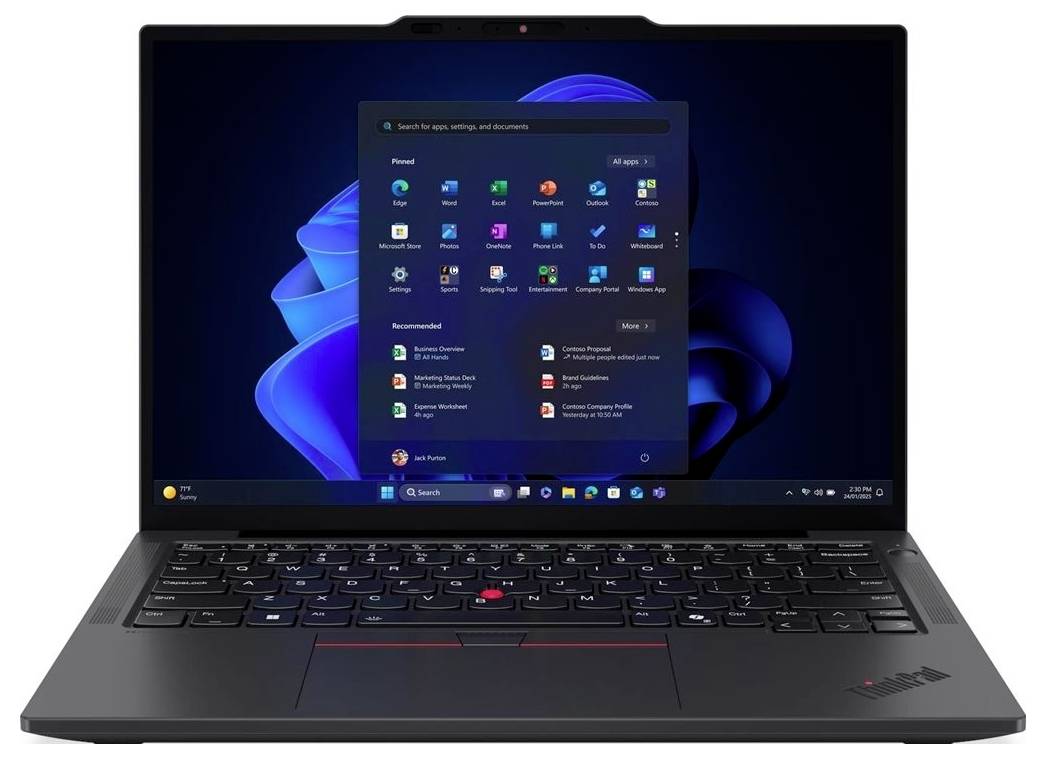 Ein Lenovo ThinkPad-Laptop zeigt das Windows 11-Startmenü zentriert auf dem Bildschirm an.