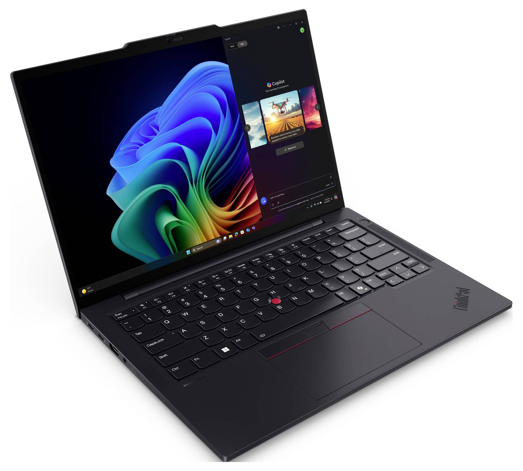 Schwarzer Lenovo ThinkPad-Laptop, im Winkel geöffnet, zeigt einen farbenfrohen Windows-Desktop auf dem Bildschirm sowie eine Tastatur mit rotem TrackPoint und Touchpad.
