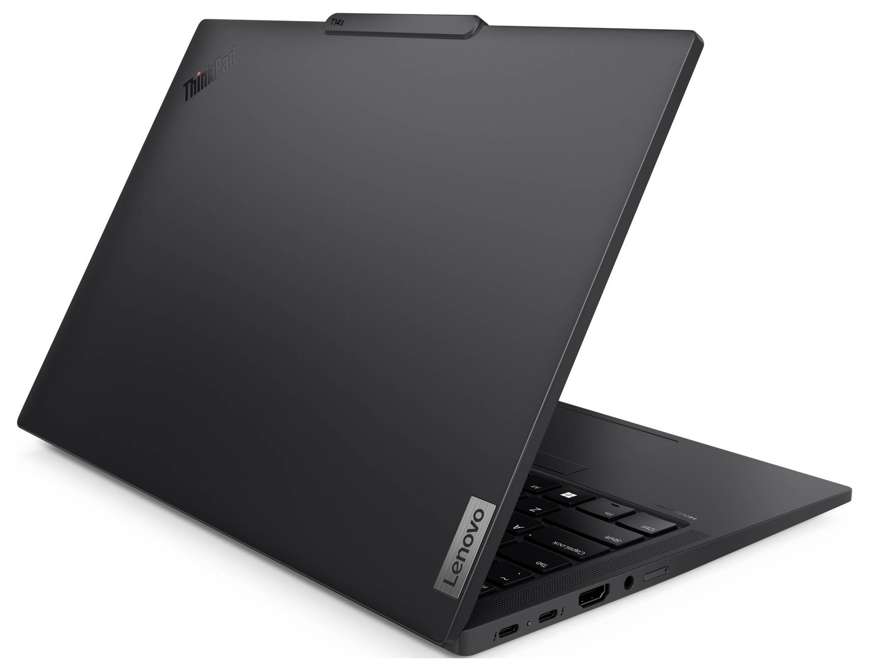 Schlanker grauer Laptop in Seitenansicht mit geschlossenem Bildschirm und Deckel in fast senkrechter Position, wobei das dünne Profil und das Scharnier-Design betont werden.