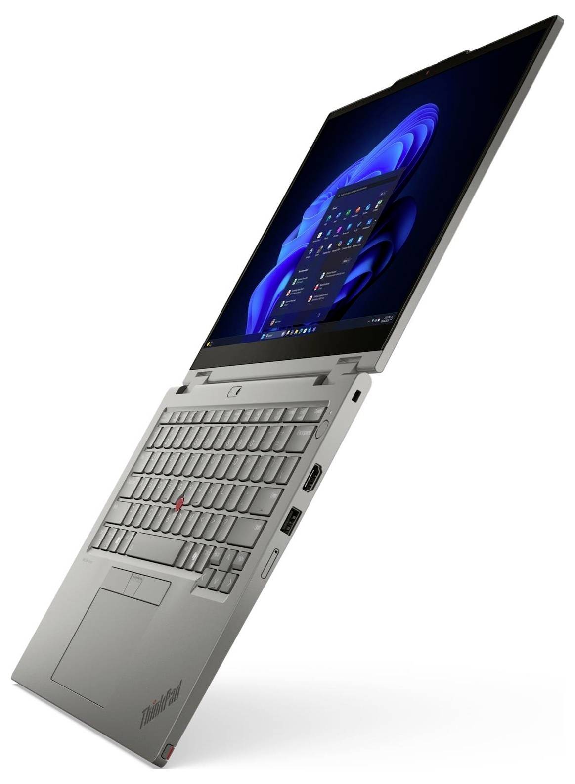 Ein silberner Lenovo ThinkPad Laptop, teilweise geöffnet in einer tabletähnlichen Position, mit sichtbarer Tastatur und Bildschirm.