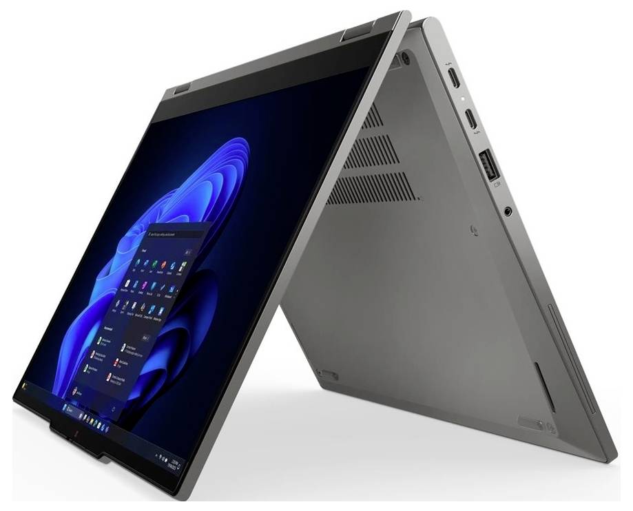 Ein 2-in-1-Laptop im Zeltmodus dargestellt, wobei der Bildschirm einen Windows-Desktop anzeigt und die Tastatur hinter dem Display eingeklappt ist.