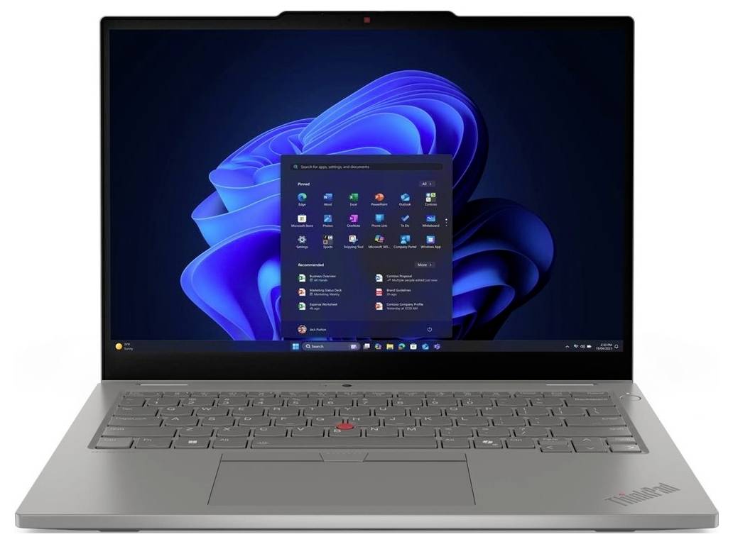 Silberner Lenovo ThinkPad-Laptop, der den Windows 11-Desktop mit geöffnetem Startmenü auf dem Bildschirm anzeigt.
