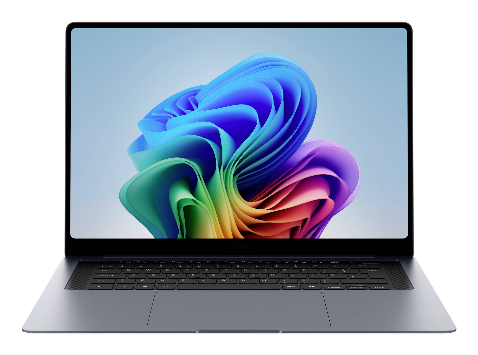 Frontalansicht eines geöffneten Laptops mit buntem abstraktem Wirbel-Hintergrundbild auf dem Bildschirm.