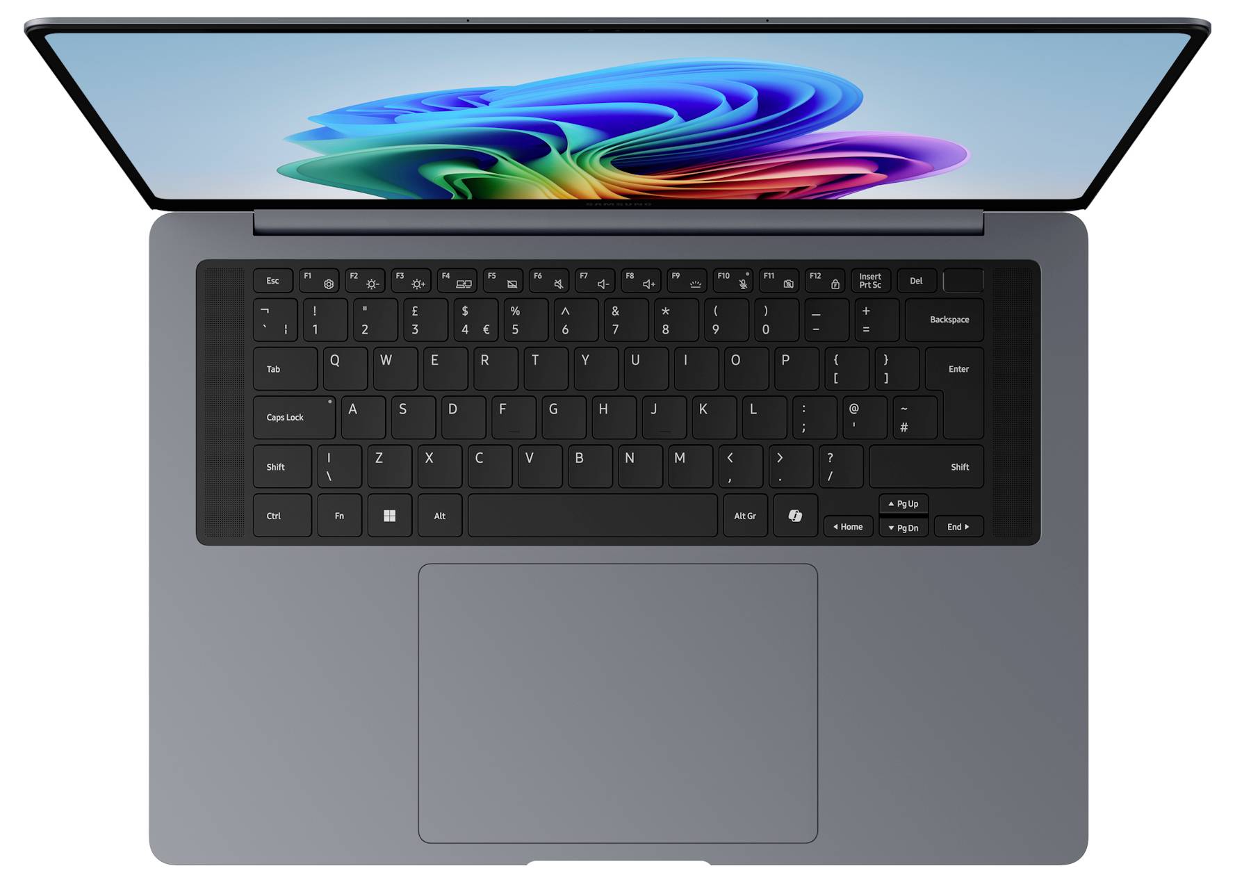 Draufsicht auf einen grauen Laptop mit einem farbenfrohen abstrakten Hintergrundbild auf dem Bildschirm und einem großen zentrierten Trackpad.