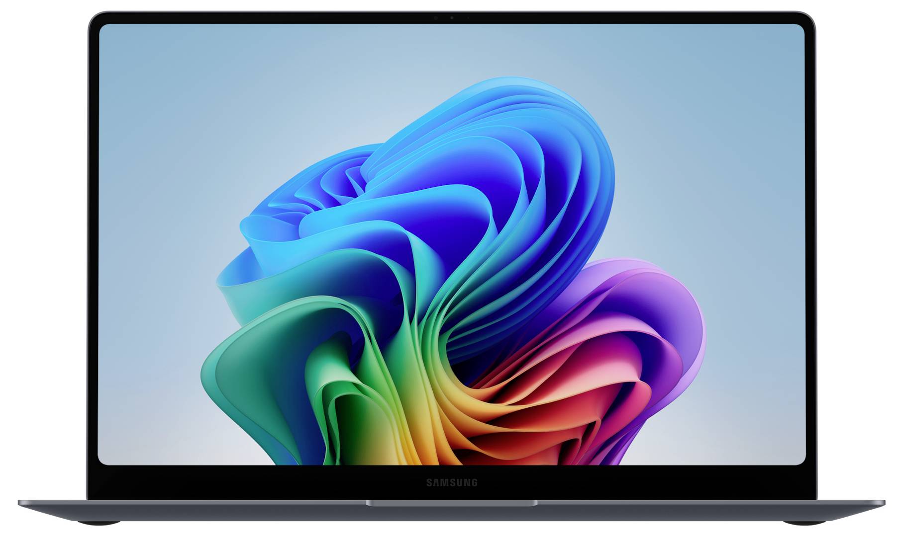 Ein Samsung-Laptop mit einem Bildschirm, auf dem der bunte abstrakte Wirbel-Hintergrund von Windows 11 angezeigt wird.