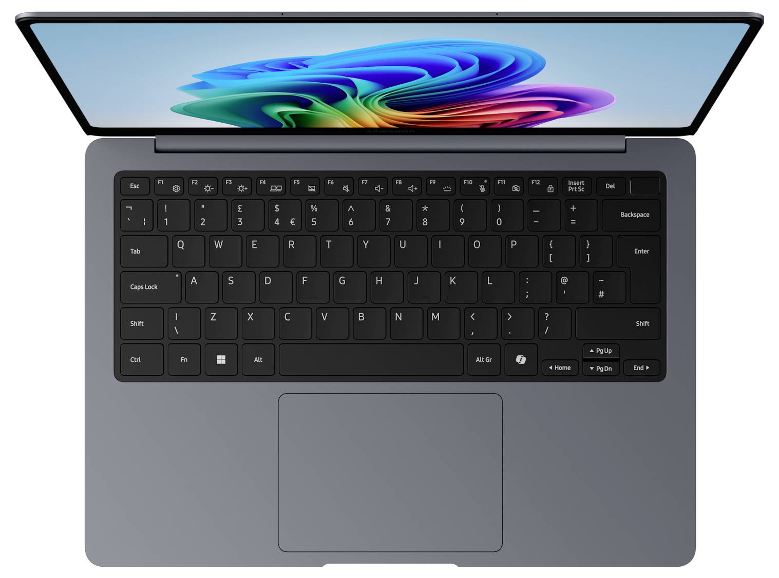 Laptop offen mit farbenfrohem abstraktem Hintergrundbild auf dem Bildschirm, mit schwarzer Tastatur und großem Touchpad von oben sichtbar.