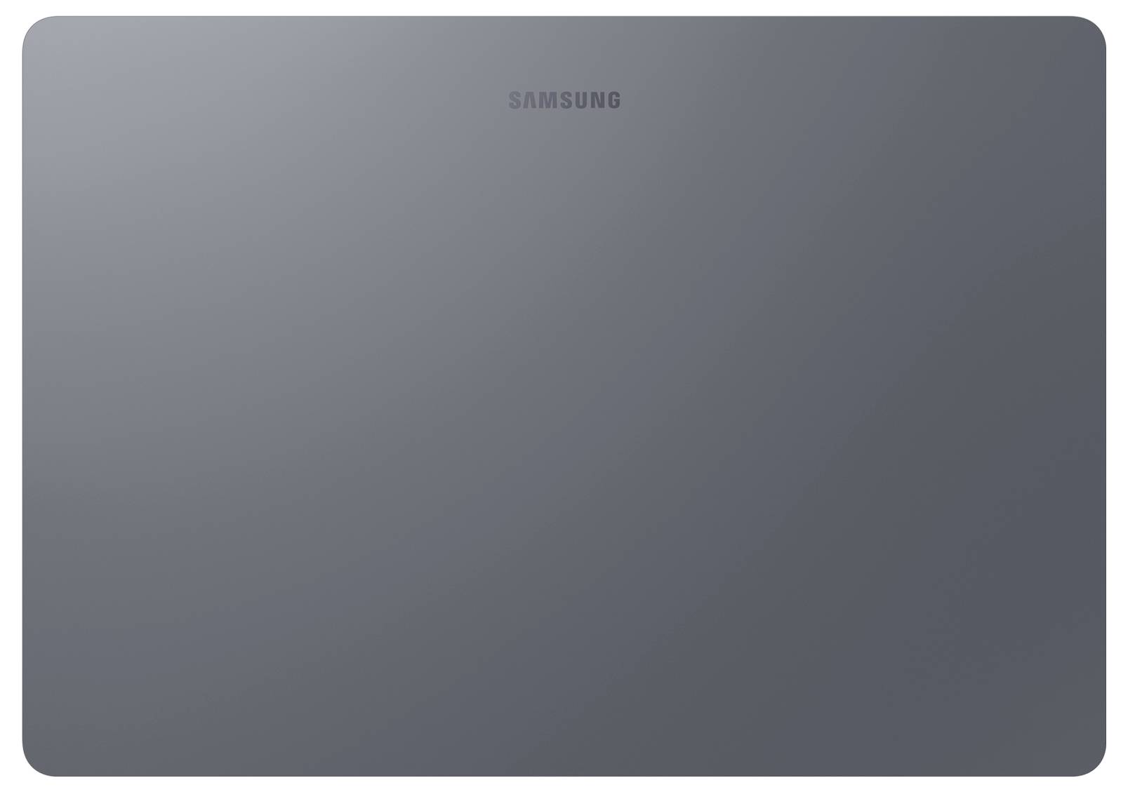 Geschlossener grauer Samsung-Laptop mit zentriertem Markenlogo auf einfachem weißem Hintergrund