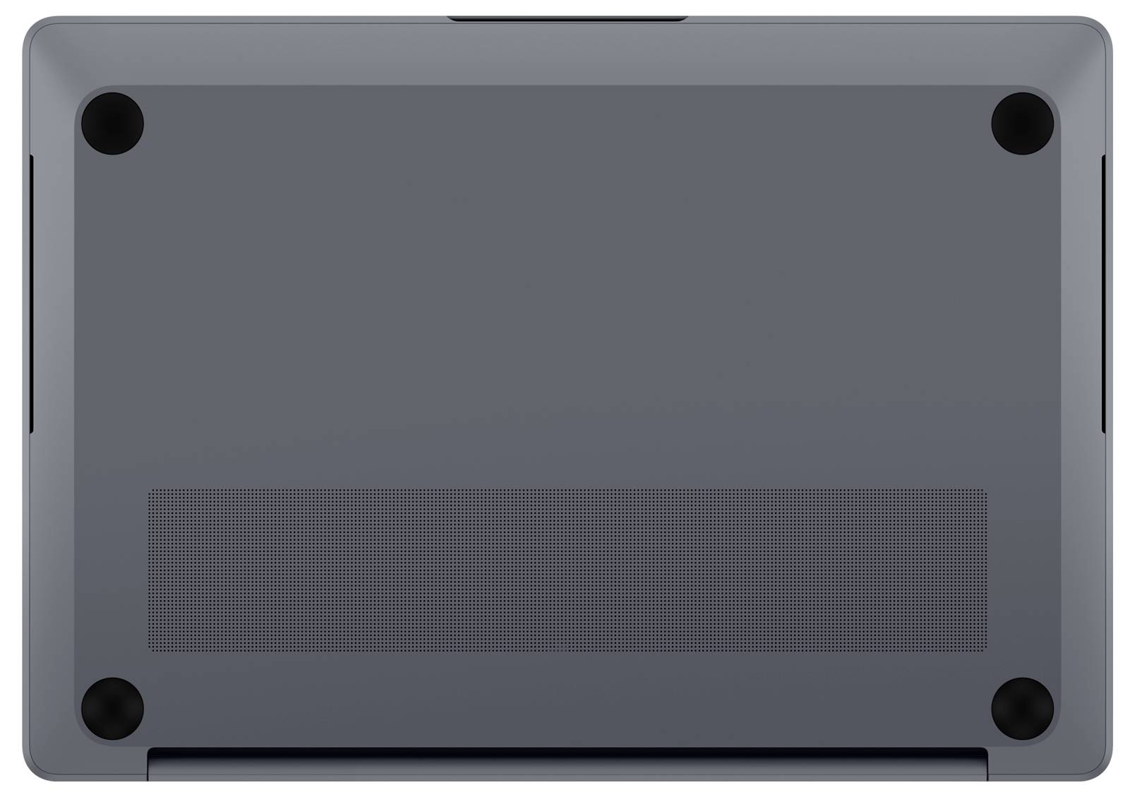 Unteransicht eines grauen Laptops oder Tablets, die vier Gummifüße, Lüftungsschlitze und ein zentrales Lautsprechergitter zeigt.