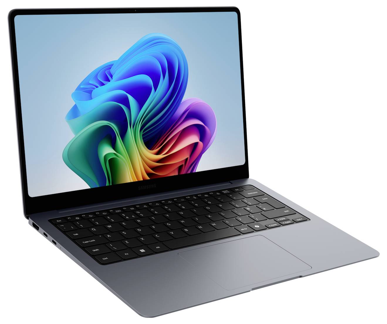 Silberner Samsung-Laptop in einem Winkel geöffnet, der auf dem Bildschirm ein farbenfrohe, abstrakte blumenähnliche Hintergrundbild zeigt.