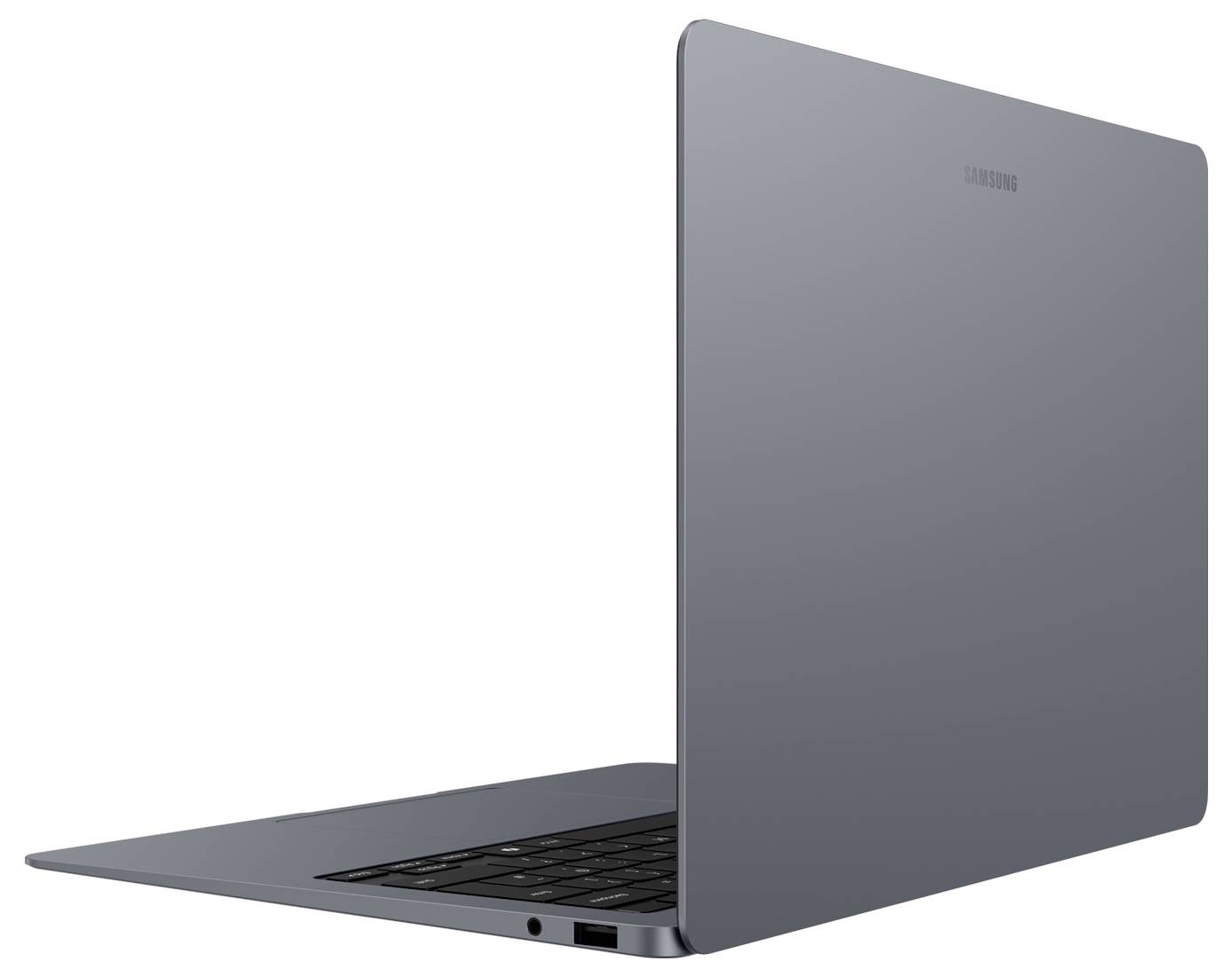 Geschlossener grauer Laptop in Seitenansicht auf weißem Hintergrund