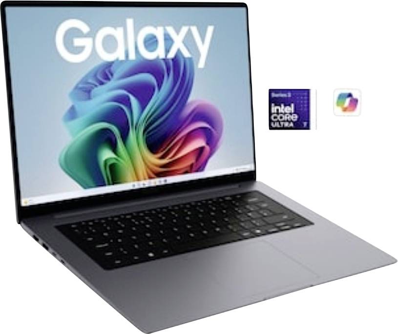 Samsung Galaxy Laptop geöffnet mit farbenfrohem Display, zusammen mit Intel Core Ultra 7 und Copilot+ Abzeichen
