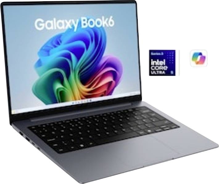 Samsung Galaxy Book6 Laptop geöffnet mit farbenfrohem Display, daneben die Logos von Intel Core Ultra und Microsoft Copilot.