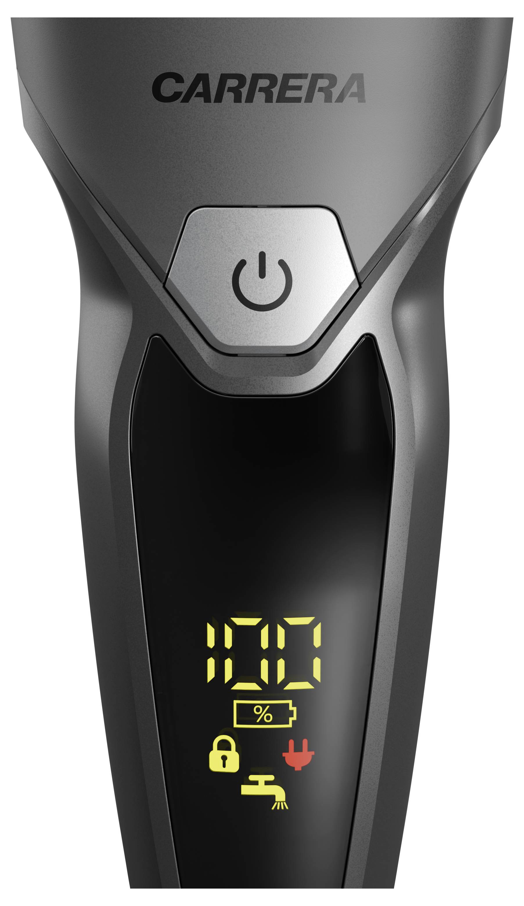 Nahaufnahme eines Carrera Elektrorasierers mit einer Einschalttaste und digitaler Anzeige, die 100% Akkuladung mit Sperr-, Stecker- und Reinigungssymbolen anzeigt.