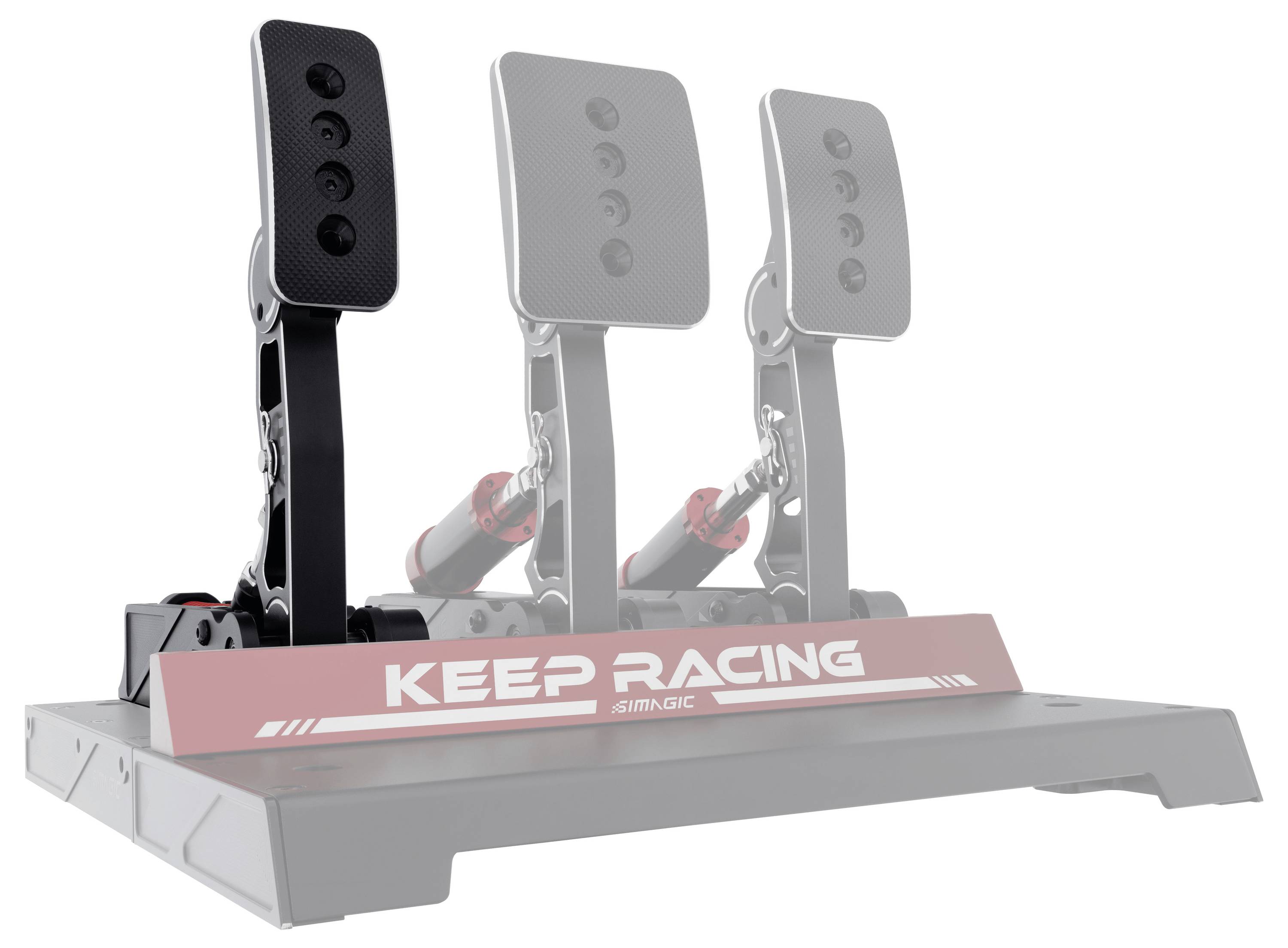 Drei Rennsimulatoren-Pedale auf einer Plattform, wobei das mittlere und rechte Pedal verblasst in Grau dargestellt sind und das „KEEP RACING