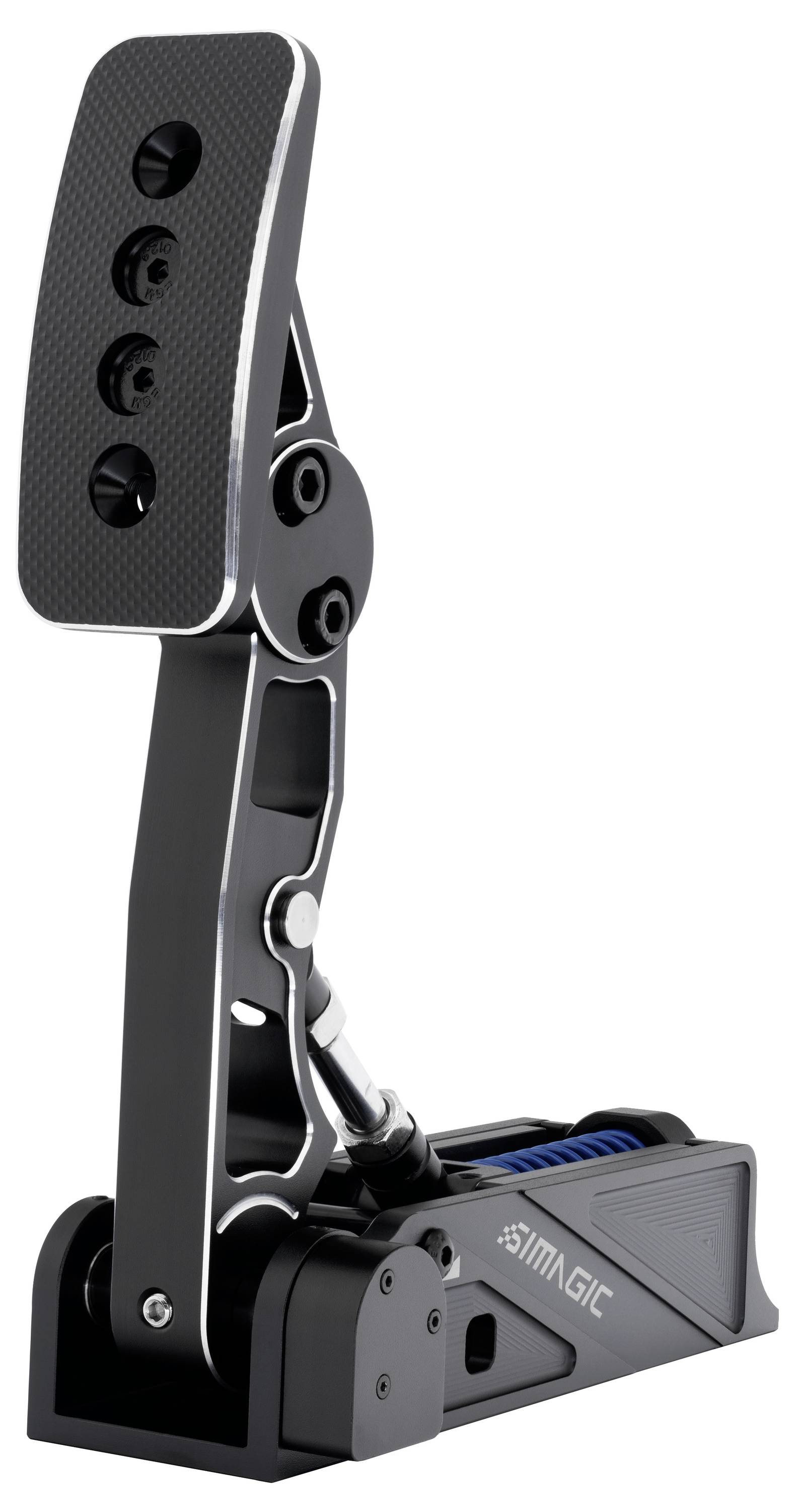 Schwarzer Gaming-Pedal-Controller mit verstellbarer Fußstütze und federbelasteter Basis, dargestellt auf weißem Hintergrund.