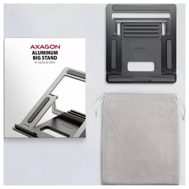 Produktbild eines AXAGON Aluminium-Laptop- und Tablet-Ständers, gezeigt zusammengeklappt, aufgeklappt und verpackt in einem Kordelzugbeutel mit seiner Schachtel.
