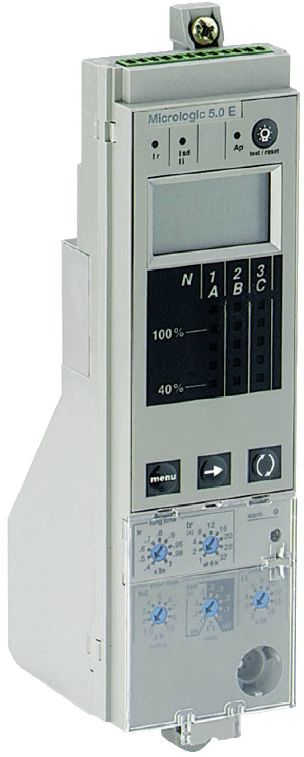 Weiße Schneider Electric Micrologic 5.0 E Auslöseeinheit für Leistungsschalter mit digitaler Anzeige und Einstellrädern für Schutzeinstellungen.