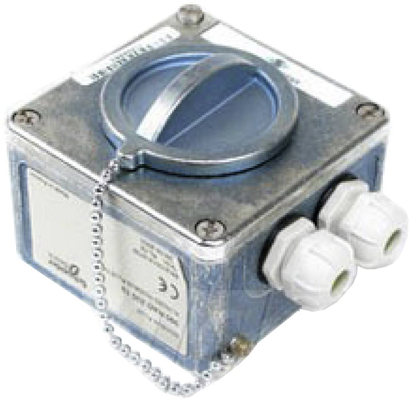 Metallische elektrische Verteilerdose mit blauem Drehschaltergriff und zwei Kabelkonnektoren an der Seite.