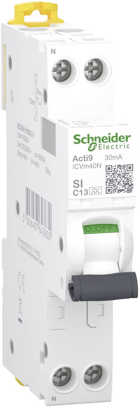 Ein Schneider Electric Acti9 iC60M 40A Fehlerstromschutzschalter mit C13-Bewertung und Prüfknopf, dargestellt in Weiß mit schwarzem Schaltgriff.