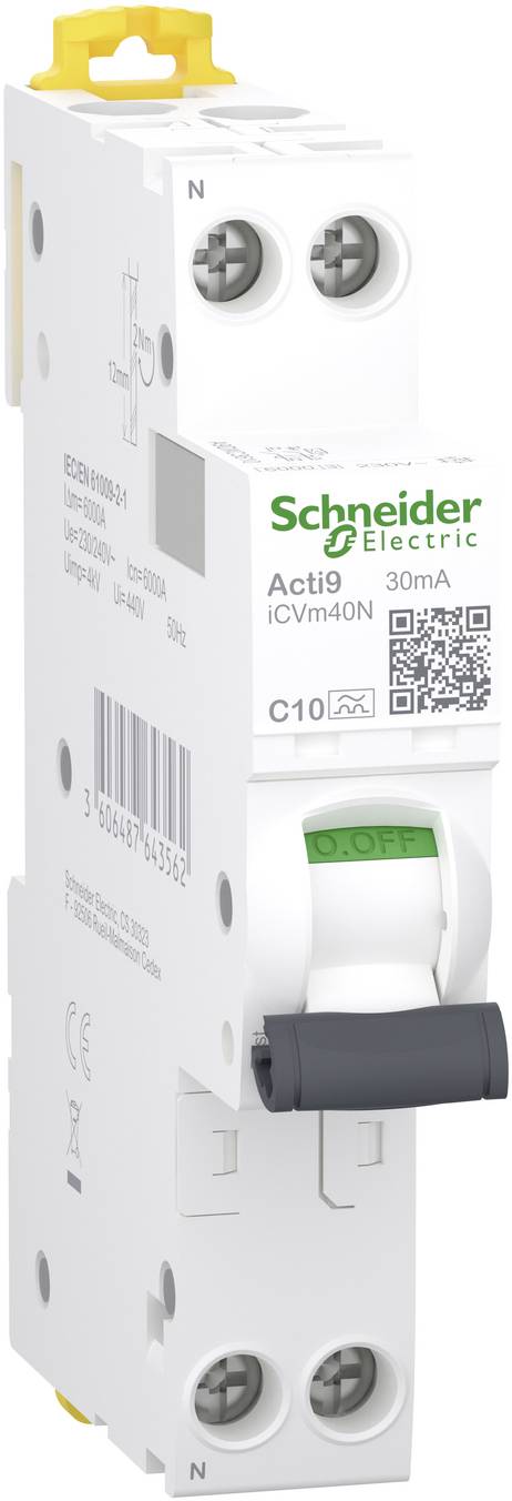 Weißer Schneider Electric Acti9 iCVM40N Leitungsschutzschalter mit Kippschalter, beschriftet mit C10 und 30mA, in Produktansicht dargestellt.
