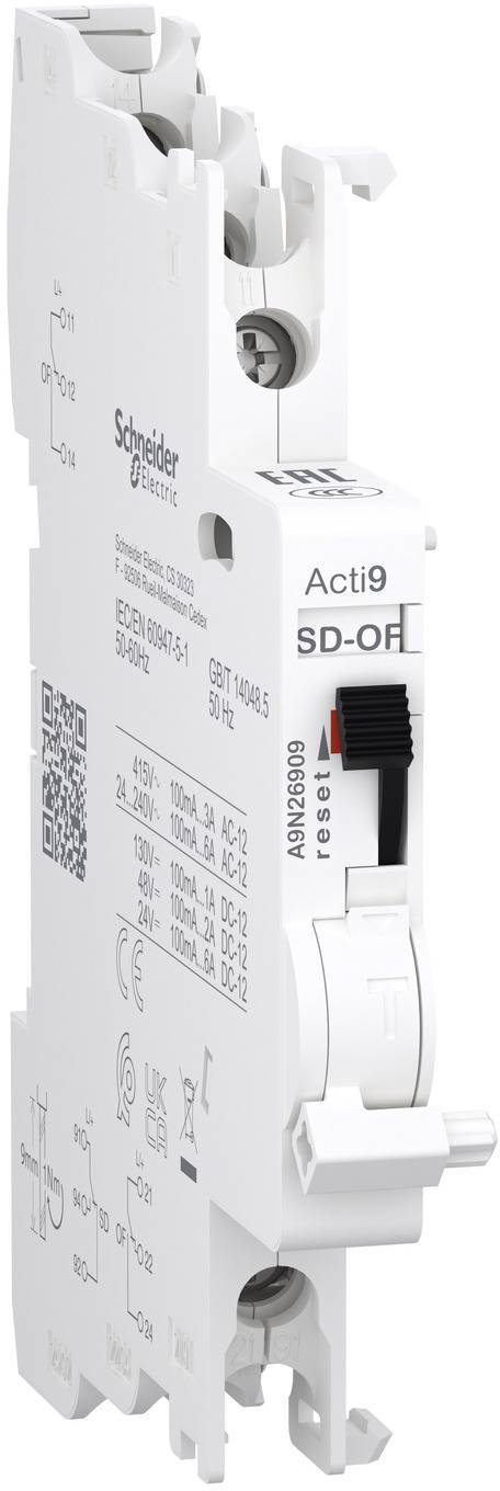 Nahaufnahme eines weißen Schneider Electric Acti9 SD-OF Leitungsschutzschalter-Moduls mit einem rot/schwarzen Statusanzeiger und QR-Code.