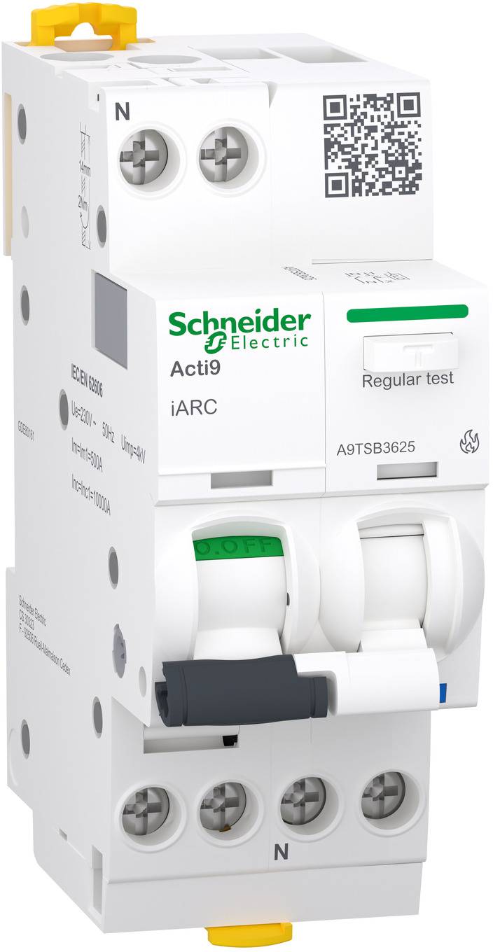 Weißer Schneider Electric Acti9 iARC-Leitungsschutzschalter mit QR-Code, Etikett „Regelmäßiger Test
