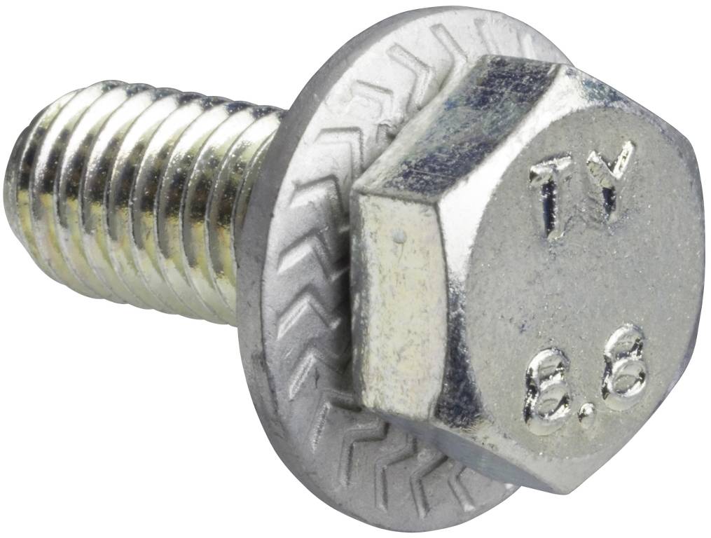 Nahaufnahme eines Metallsechskantbolzens mit einer Unterlegscheibe, auf dem Kopf mit „TV