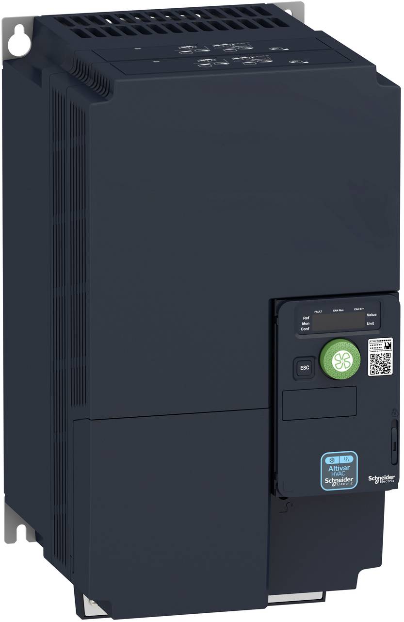 Dunkler Schneider Electric Altivar Frequenzumrichter mit Frontbedienfeld und Display, vertikal auf weißem Hintergrund montiert.
