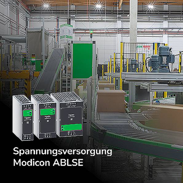 Industrieanlage mit drei Modicon ABLSE-Spannungsversorgungen; unten links steht 'Spannungsversorgung Modicon ABLSE'.