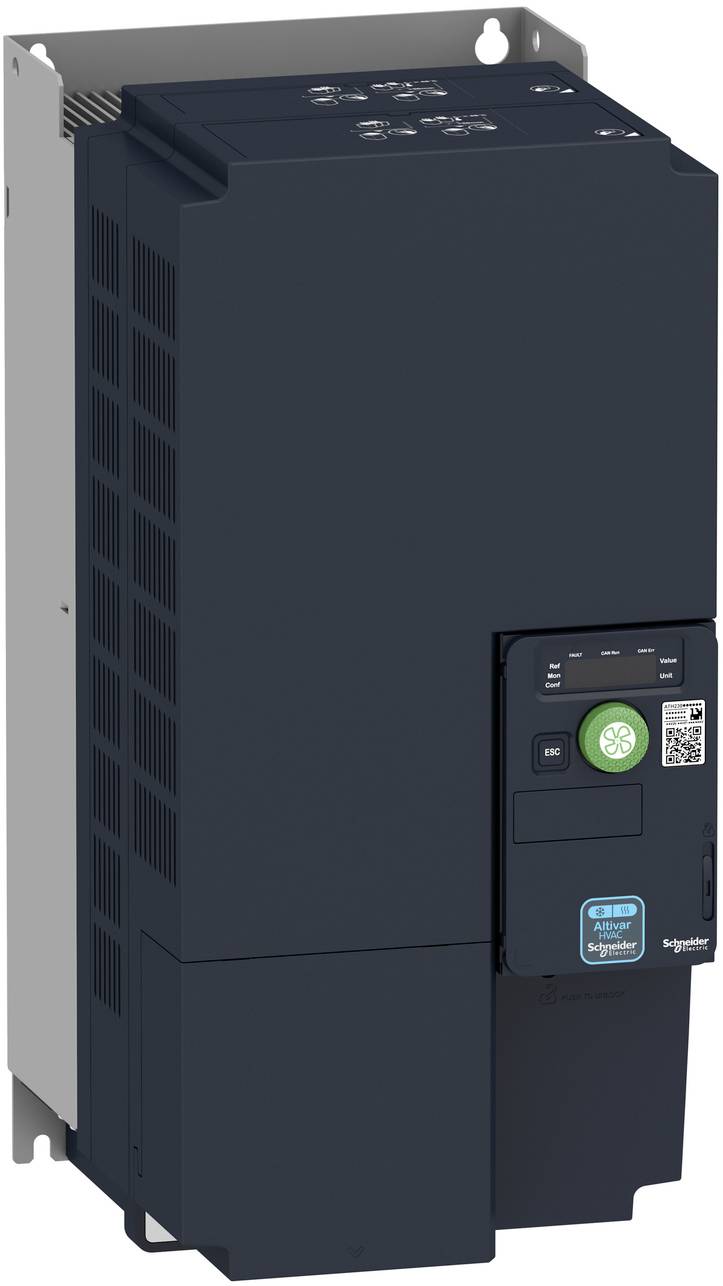 Antriebsumrichter von Schneider Electric mit variabler Frequenz in einem dunklen Gehäuse mit Bedienfeld und Statusanzeige
