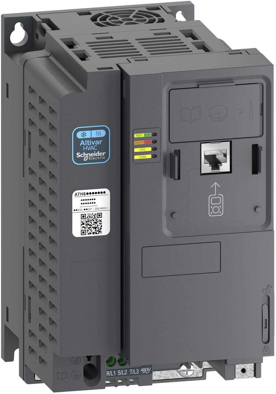 Industrielle Schneider Electric Altivar Antriebseinheit/Umrichter, Vorderansicht, mit sichtbaren Status-LEDs und RJ45-Anschluss.