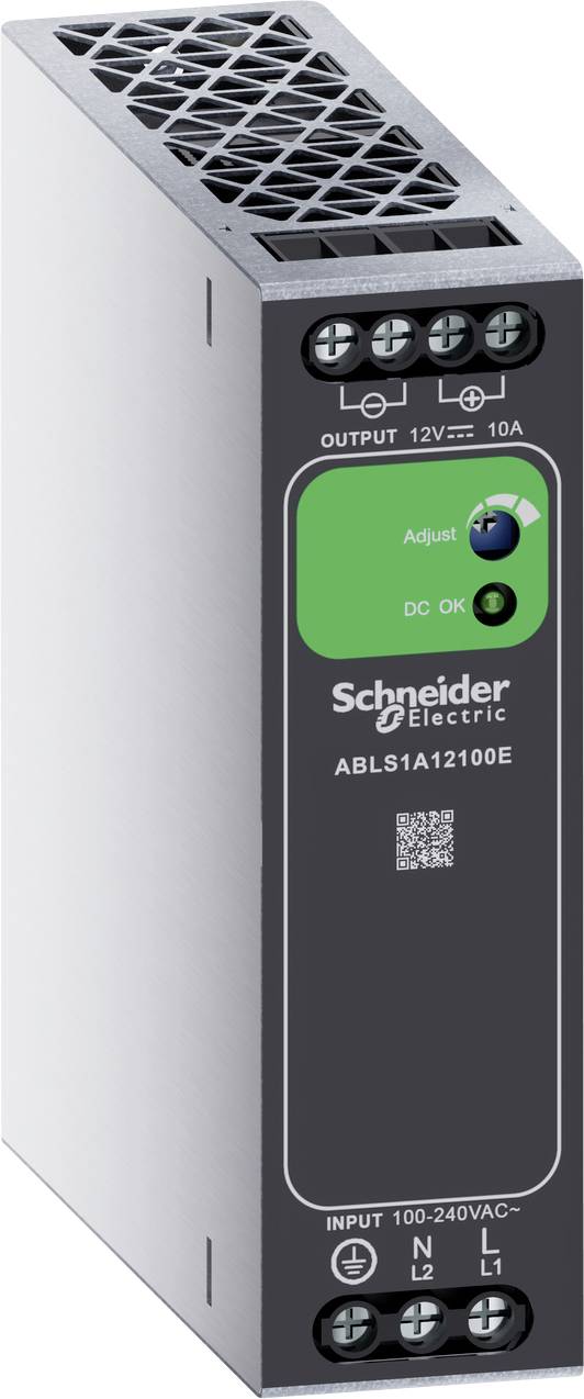Schneider Electric Industrielle Stromversorgungsmodule mit Frontanschlüssen, grünem Einstellfeld und Ein-/Ausgangsbeschriftungen.
