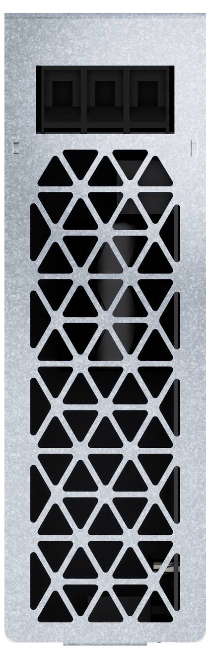 Vorderansicht eines Computertower-Lüftungspanels mit schwarzem geometrischem Gitter und drei rechteckigen Laufwerk-Schachtöffnungen oben.