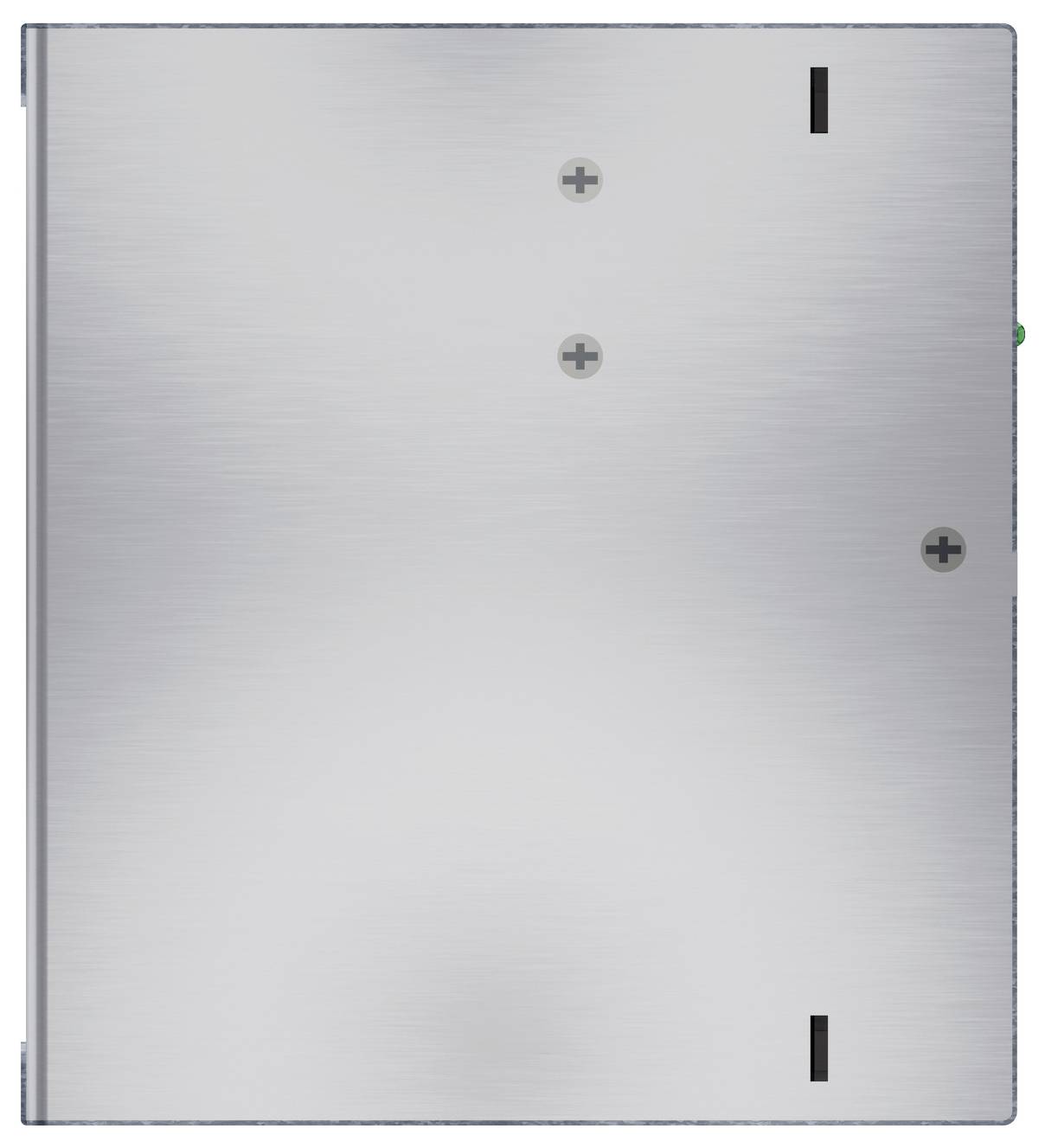 Ein gebürstetes Metallrechteckpanel mit drei sichtbaren Schraubenköpfen und zwei schmalen schwarzen Schlitzen oben und unten rechts.