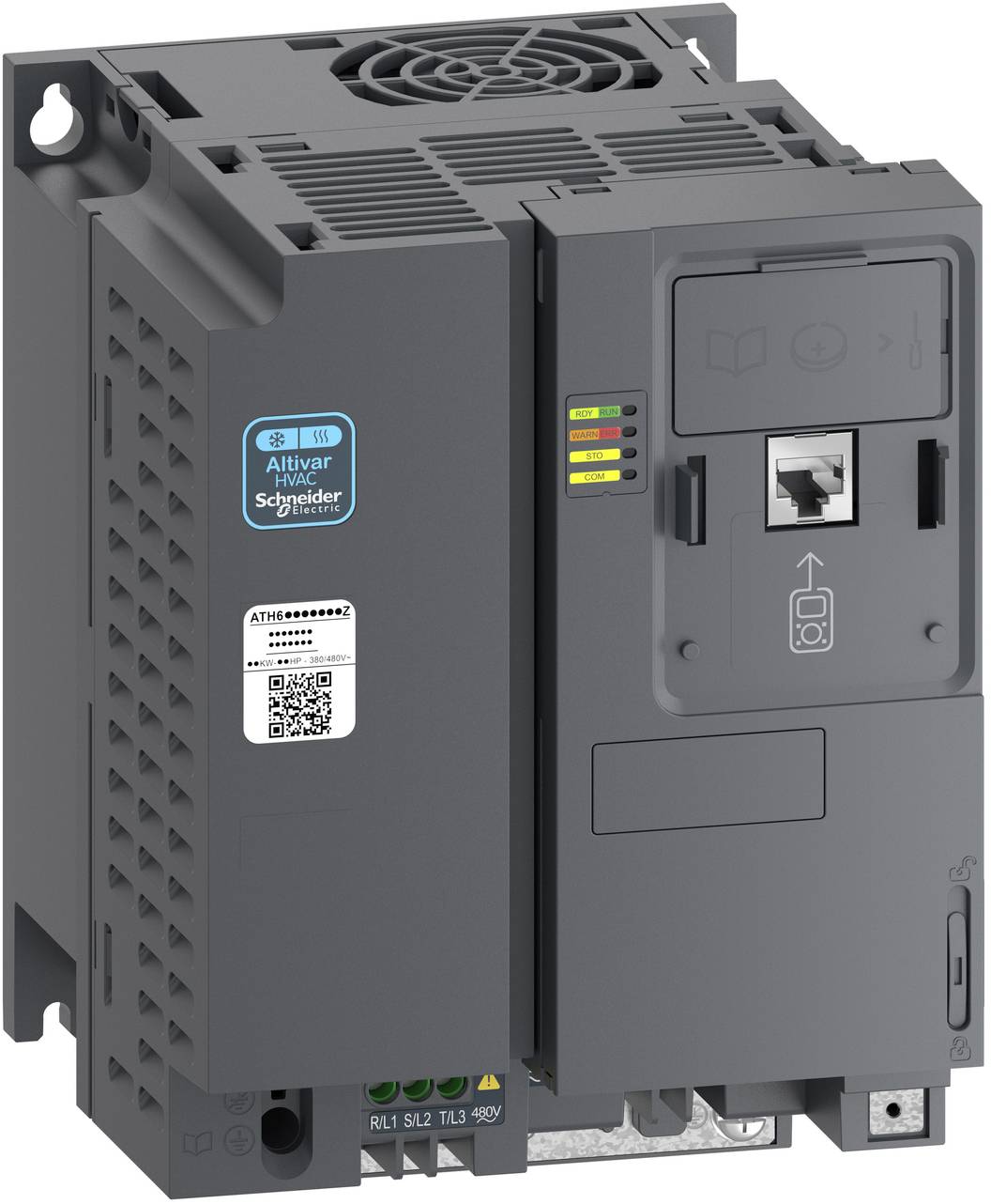 Grauer Schneider Electric Altivar HVAC Frequenzumrichter mit Frontdisplay, Status-LEDs, Ethernet-Anschluss und Montageklammer.